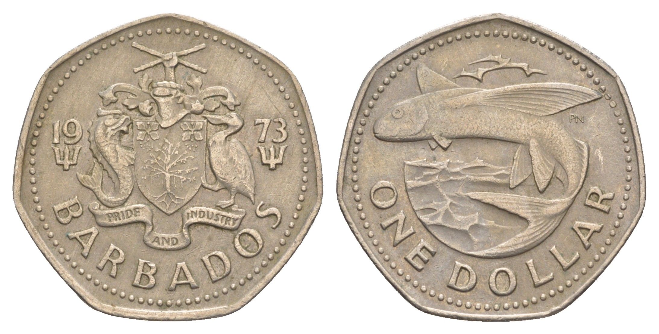 Барбадос 1 доллар 1973 летучая рыба KM 14.1 медно-никель 4637-321