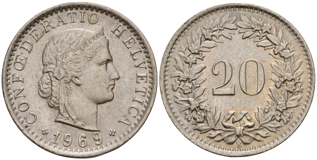 Швейцария 20 раппенов 1969 KM 29a медно-никель 4150-1252