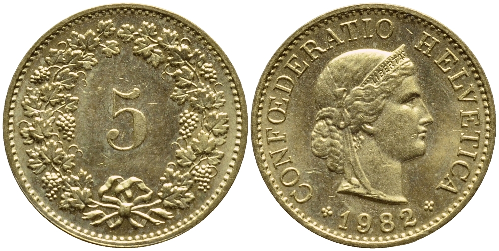 Швейцария 5 раппенов 1982 KM 26с алюминий латунь 4396-1129