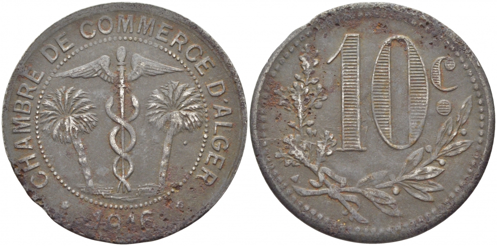 Алжир, Французская оккупация 10 сантимов 1916 Alger Chamber of Commerce KM TnA6 железо 114-921