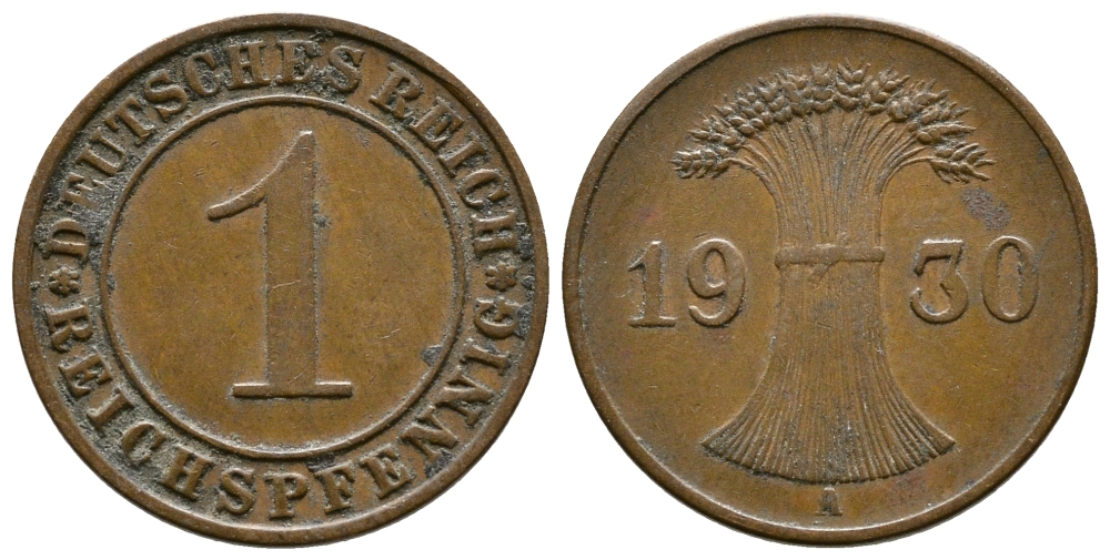 ГЕРМАНИЯ 1 РЕЙХСПФЕННИГ 1930 A KM 37, J. 313 бронза 4380-1212
