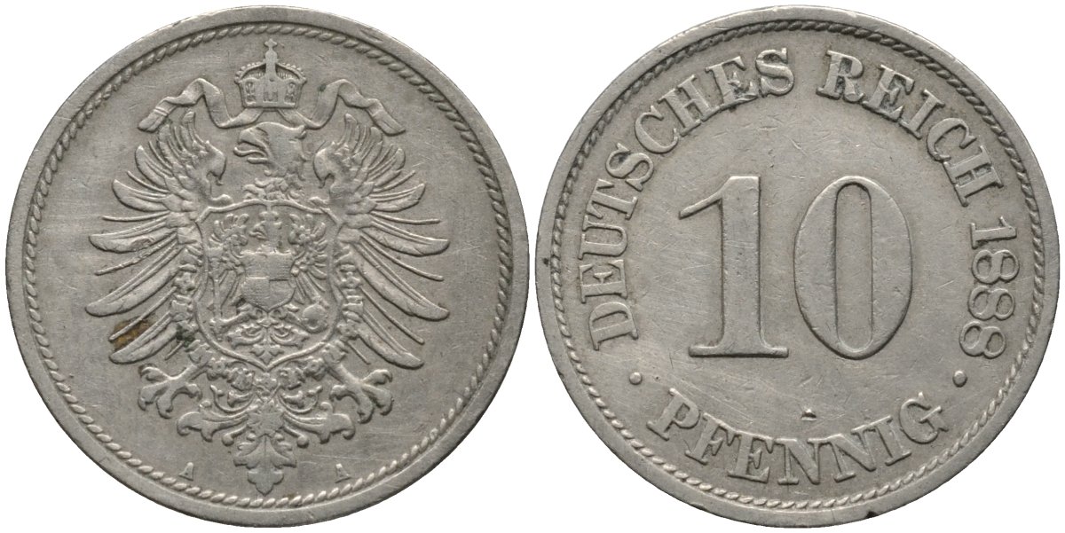 Германия 10 пфеннигов 1888 A, старогербовка KM 4 медно-никель 4171-237