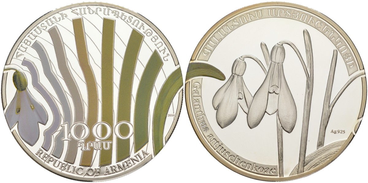 Армения 1000 драм 2010 серия флора - подснежник Артющенко (Galanthus artjuschenkoae), коробка, сертификат, эмаль KM 202 серебро PROOF 00-00