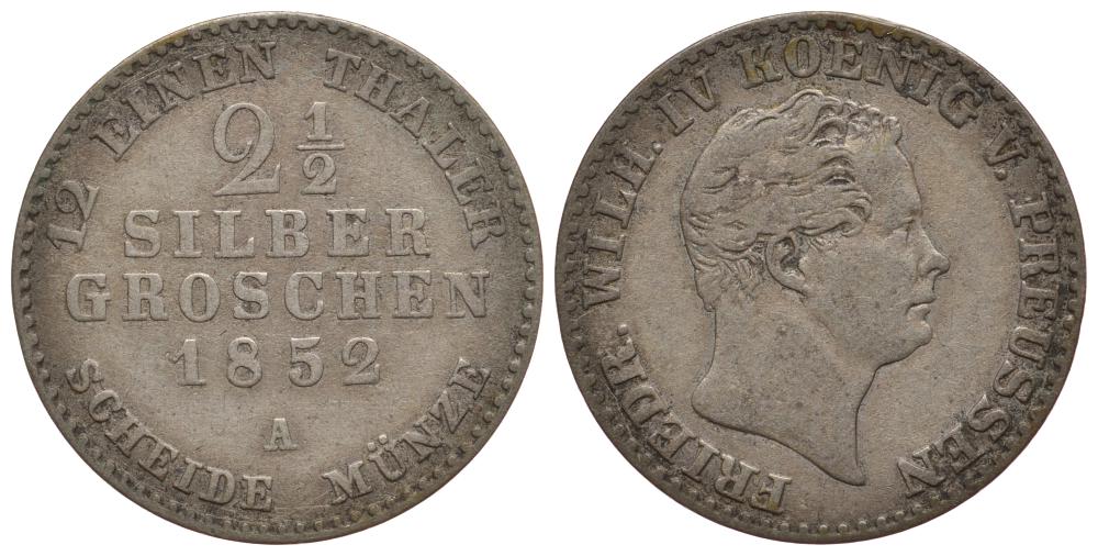 Пруссия 2 1/2 серебряного гроша 1852 А, Фридрих Вильгельм IV (1840-1861) KM 444, Olding 323, AKS 87, Jaeger 65 серебро    105-1259 1522-1023