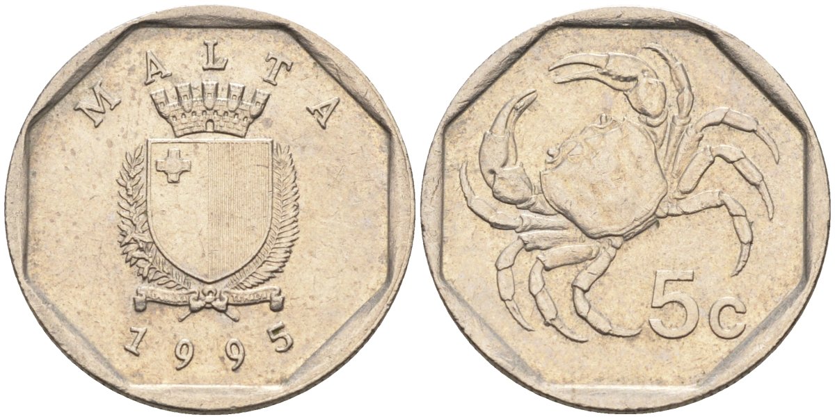 Мальта 5 центов 1993 краб KM 95 медно-никель 4588-127