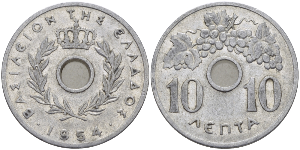 Греция 10 лепта 1954 Павел I (1947-1964), виноградная лоза KM 78 алюминий 28-212