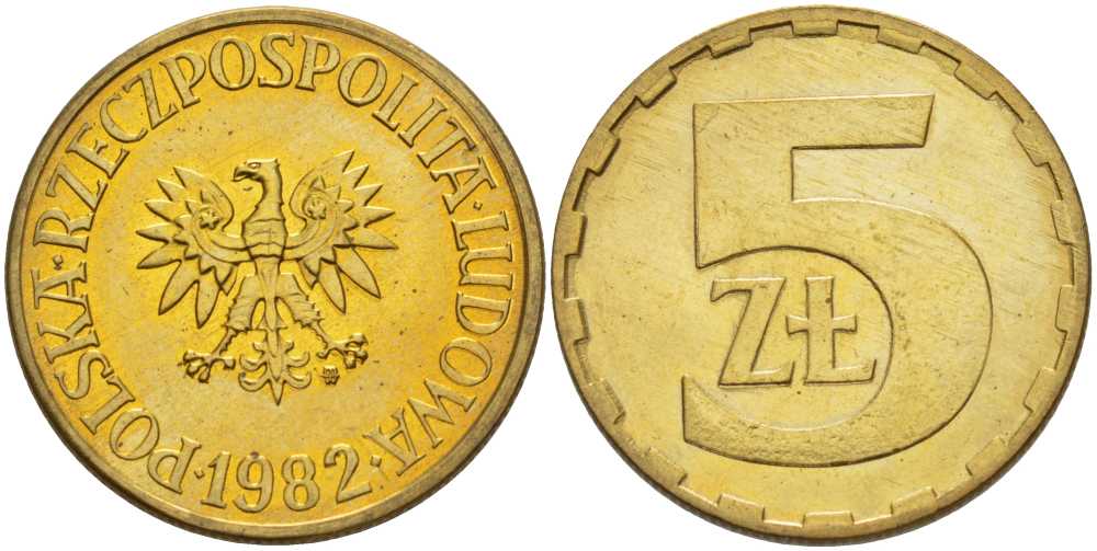 ПОЛЬША 5 ЗЛОТЫХ 1982 MW KM 81.1 латунь UNC 89-1432