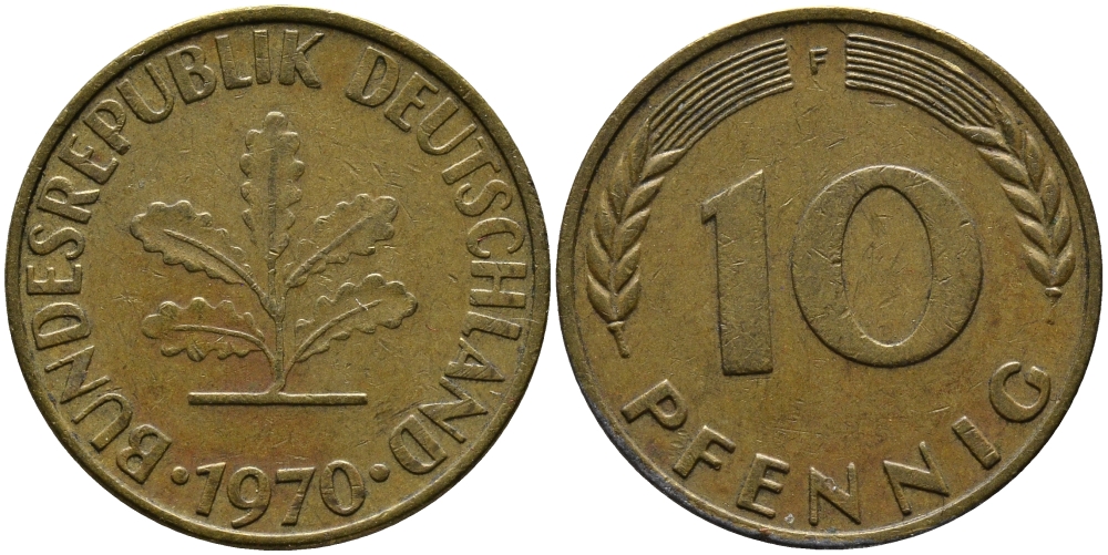 ФРГ 10 ПФЕННИГОВ 1970 F KM 108, J.383 сталь плакированная латунью 33-122