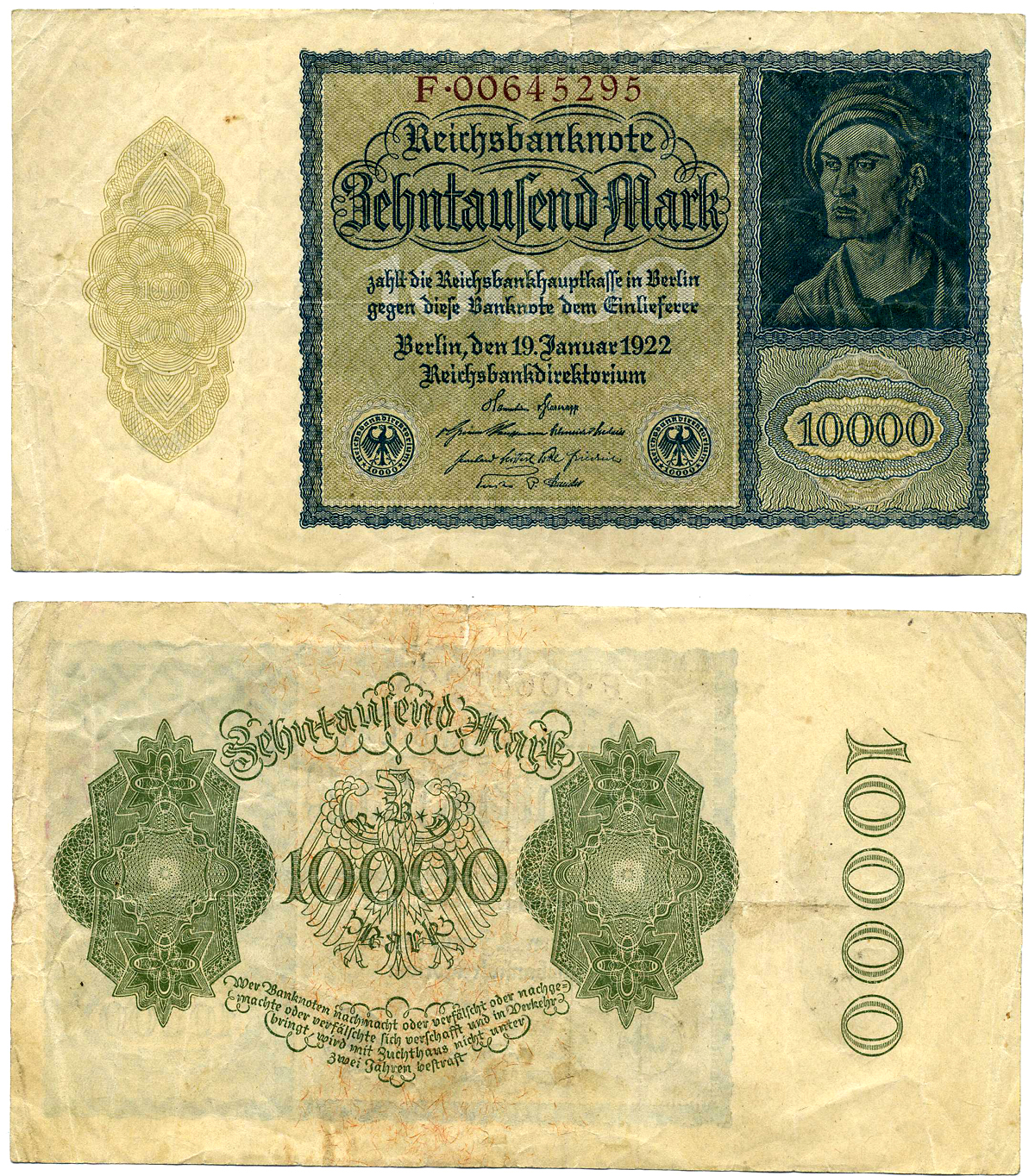 ГЕРМАНИЯ 10000 МАРОК 1922 19 ЯНВАРЯ 1922, ПОРТРЕТ ДЮРЕРА, СЕРИЯ F 00645295, ФОРМАТ 180Х100 ММ.,НОМЕР ВОСЬМИЗНАЧНЫЙ Pick 72, Роземберг 69b бумага 2194-5-1-1