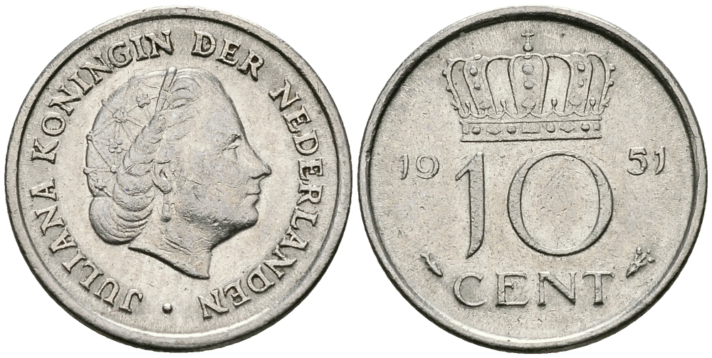 Нидерланды 10 центов 1951 Юлиана (1949-1980) KM 182 никель 96-438