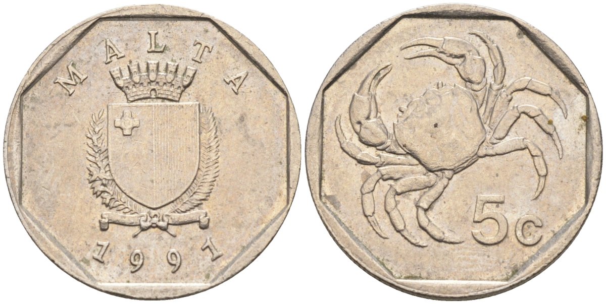 Мальта 5 центов 1991 краб KM 95 медно-никель 4547-1265