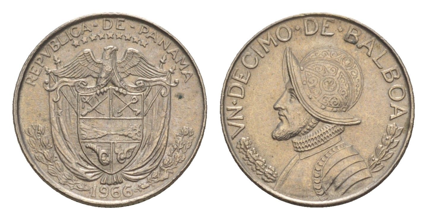 Панама 1/10 бальбоа (10 сентесимо) 1966 KM 10 медь плакированная медно-никелем UNC 4644-122