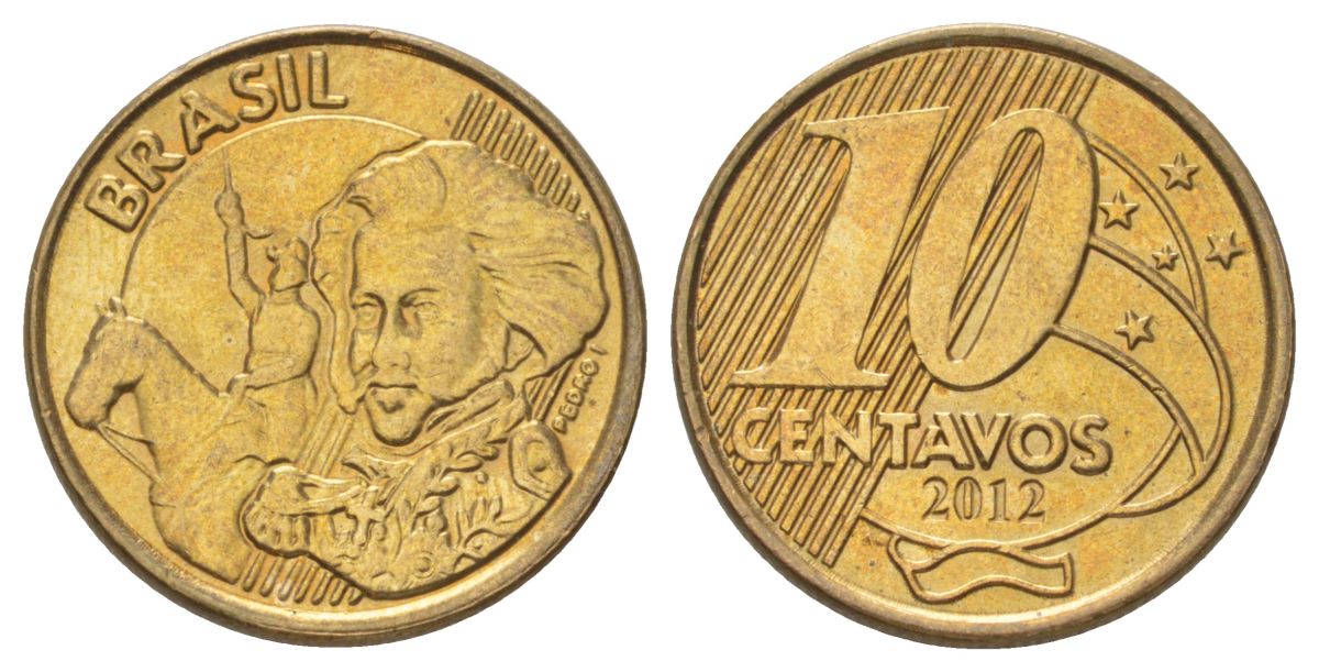 Бразилия 10 сентаво 2012 KM 649 сталь плакированная латунью aUNC 4627-964