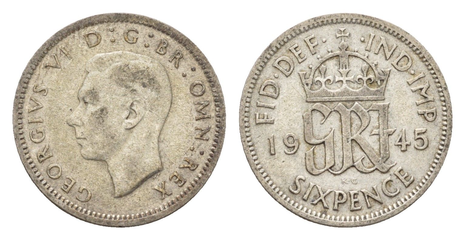 Великобритания 6 пенсов 1945 Георг VI (1936-1952) KM 852, Spink 4084 серебро 4647-127