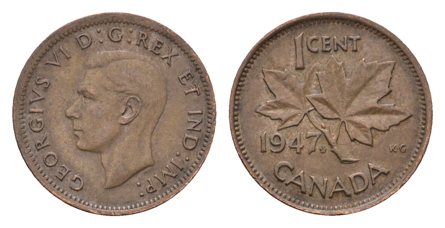 Канада 1 цент 1947 Leaf, Георг VI (1936-1952), кленовый лист KM 32 бронза 75-1564