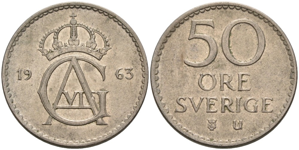 Швеция 50 эре 1963 U, Густав VI Адольф (1950-1973) KM 837 медно-никель UNC 4380-213