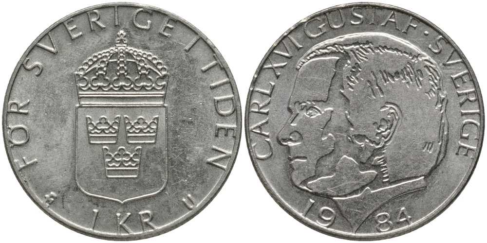 Швеция 1 крона 1984 U, Карл XVI Густав (1973- ) КМ 852а медно-никель 202-512