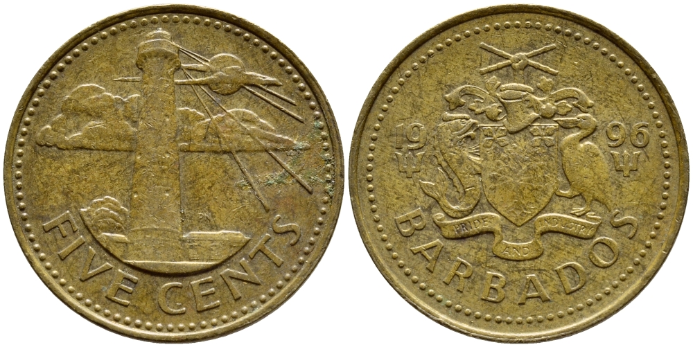 Барбадос 5 центов 1996 маяк Саут-Пойнт KM 11 латунь 4398-547