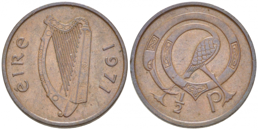 ИРЛАНДИЯ 1/2 ПЕННИ 1971 ПТИЧКА KM 19 бронза 3955-532