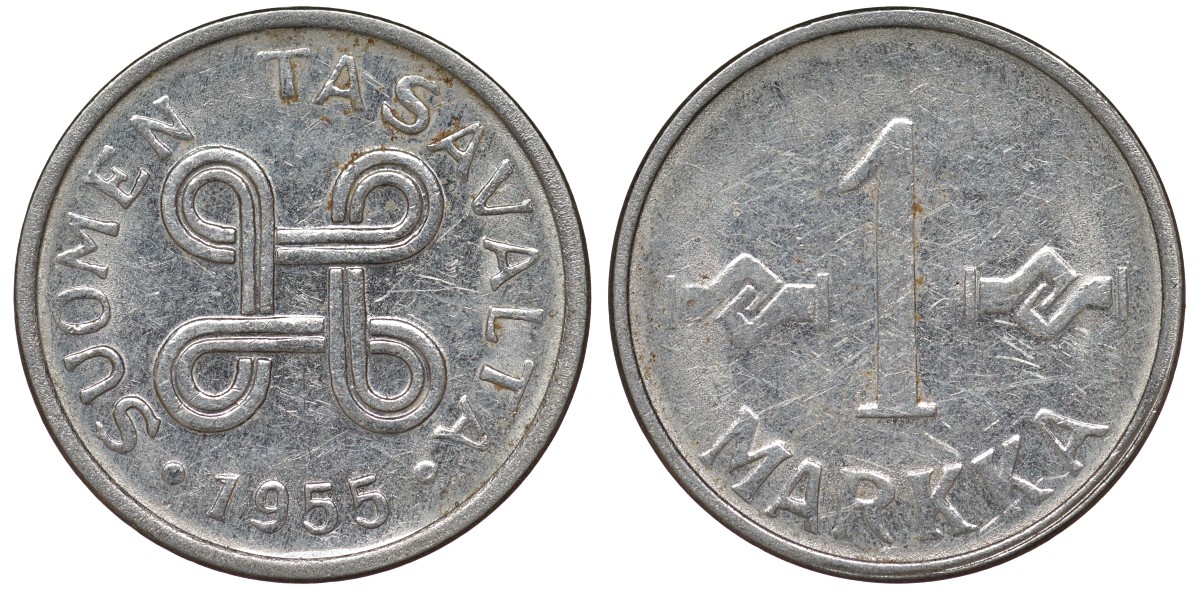 Финляндия 1 марка 1955 KM 36a никелированное железо 4164-128