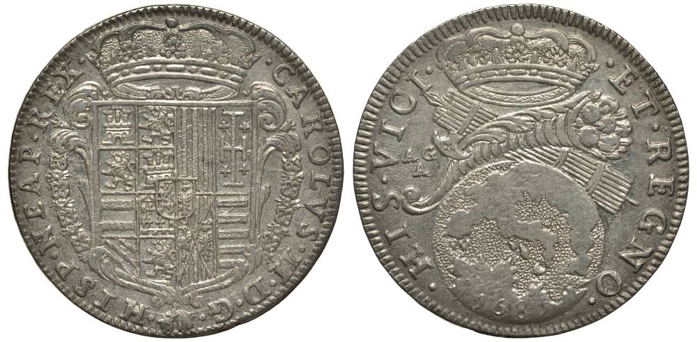 Неаполь и Сицилия тари (2 карлини) 1685 Карл II Испанский серебро aUNC 00-822-04