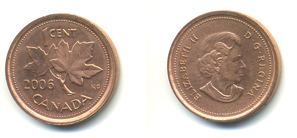 Канада 1 цент 2006 KG, Елизавета II (1952-2022), кленовый лист цинк плакированный медью 177-1459