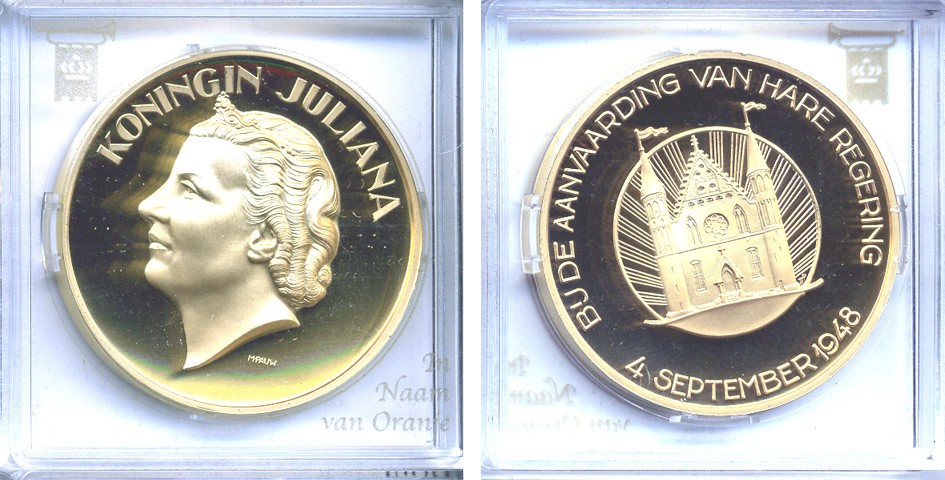 НИДЕРЛАНДЫ МЕДАЛЬ ND 4 СЕНТЯБРЯ 1948 ГОДА НАЧАЛО ПРАВЛЕНИЯ КОРОЛЕВЫ ЮЛИАНЫ бронза, позолота PROOF 5-3-1-80