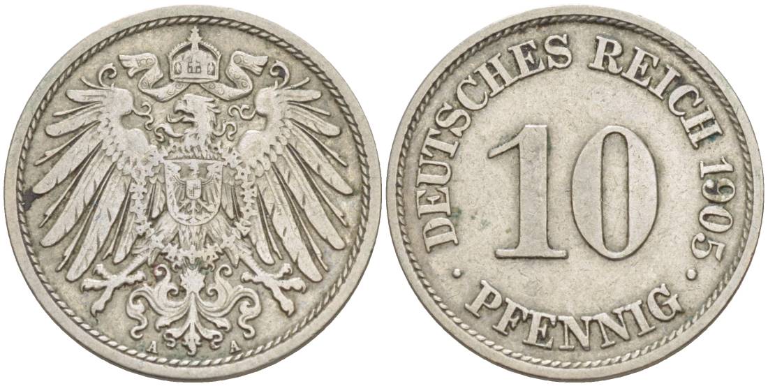 Германия 10 пфеннигов 1905 A KM 12, Jager 13, Weege 8 медно-никель 219-113