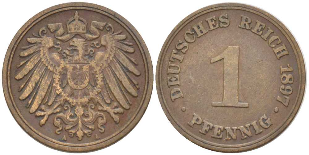 Германия 1 пфенниг 1897 A KM 10, J. 10, Weege 2 медь 211-222