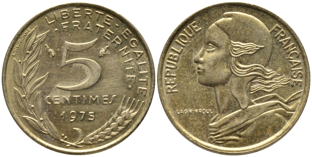 ФРАНЦИЯ 5 САНТИМОВ 1975 ТИП MARIANNE KM 933 медь алюминий никель 99-1116