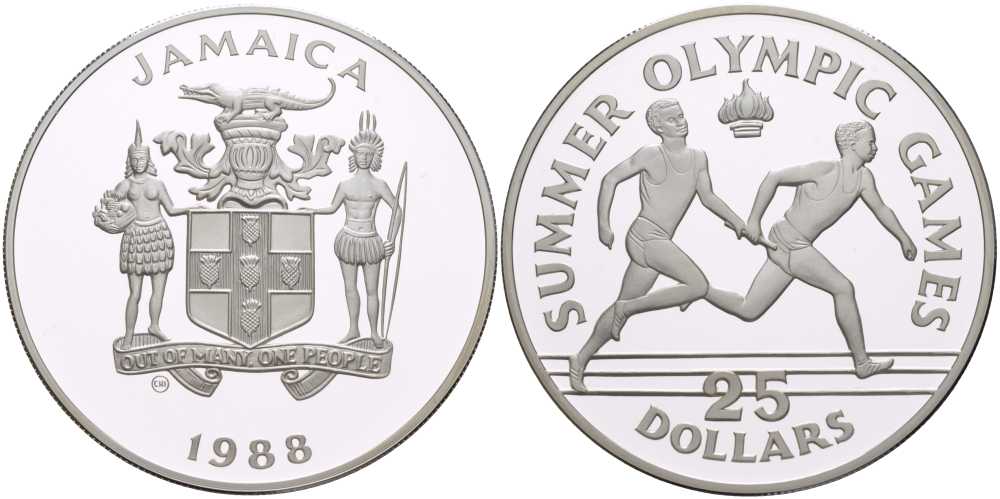 Ямайка 25 долларов 1988 XXIV летние Олимпийские игры 1988 года в Сеуле, эстафета KM 141 серебро PROOF 1080-8-44