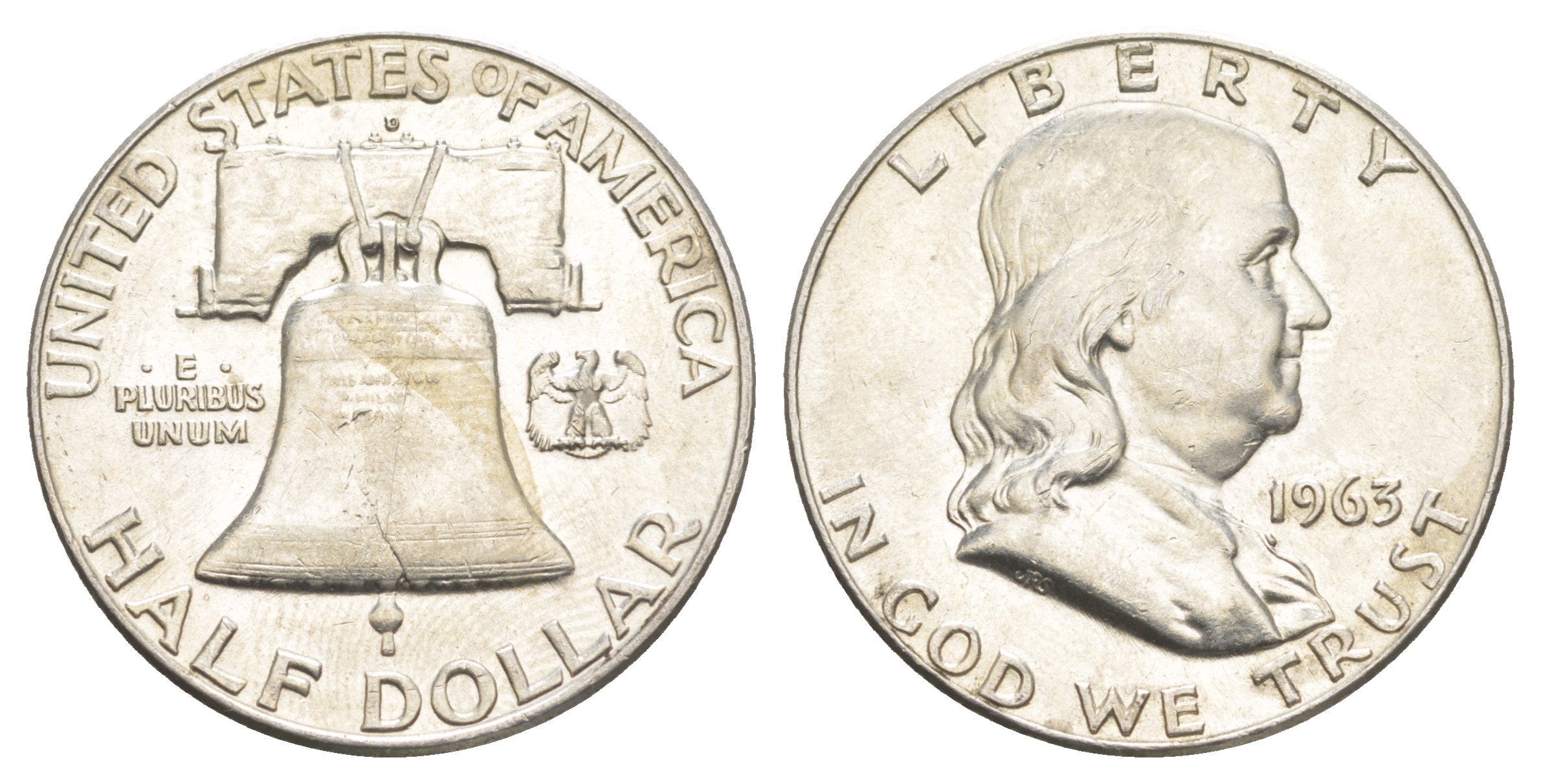 США 1/2 доллара (50 центов) 1963 Бенджамин Франклин, колокол KM 199 серебро  aUNC  4574-723