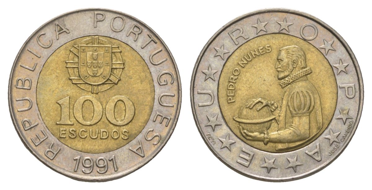 Португалия 100 эскудо 1991 Педру Нуниш (1502-1578), математик KM 645 биметалл aUNC 4626-351