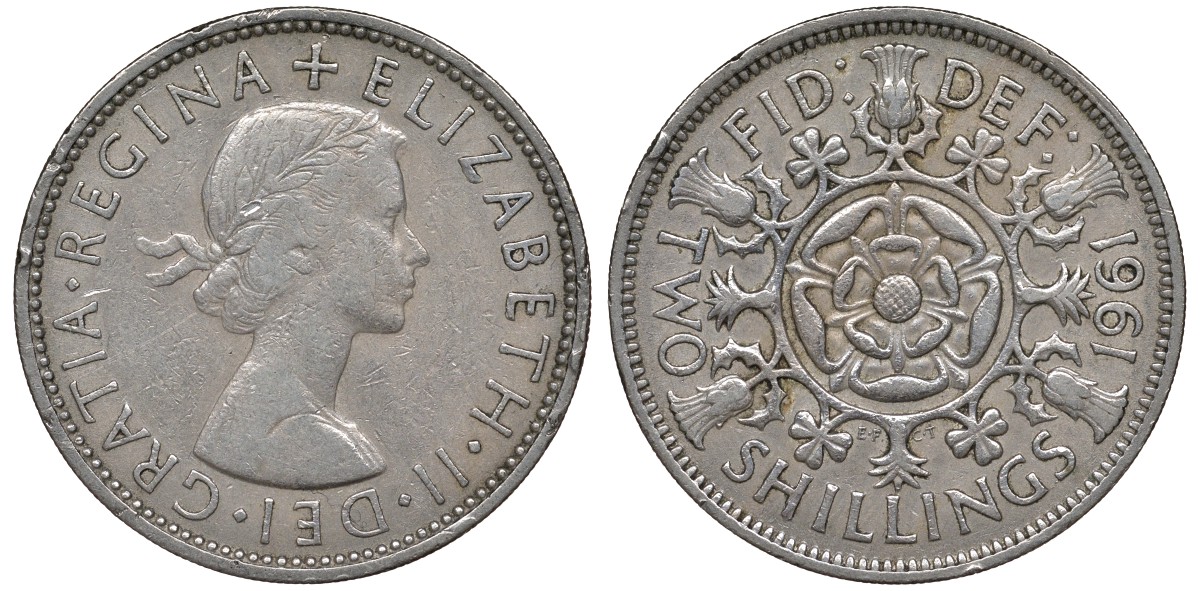 Великобритания 2 шиллинга (флорин) 1961 Елизавета II (1952-2022) KM 906, Spink 4146 медно-никель 4131-542