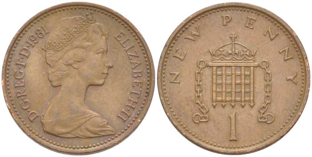 Великобритания 1 пенни 1981 Елизавета II (1952-2022) KM 915, Spink 4237 (B1) бронза 217-942