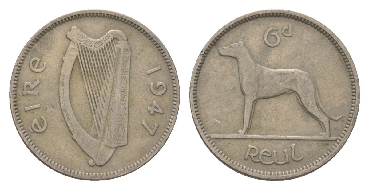 Ирландия 6 пенсов 1947 ирландский волкодав KM 13a медно-никель 4627-819