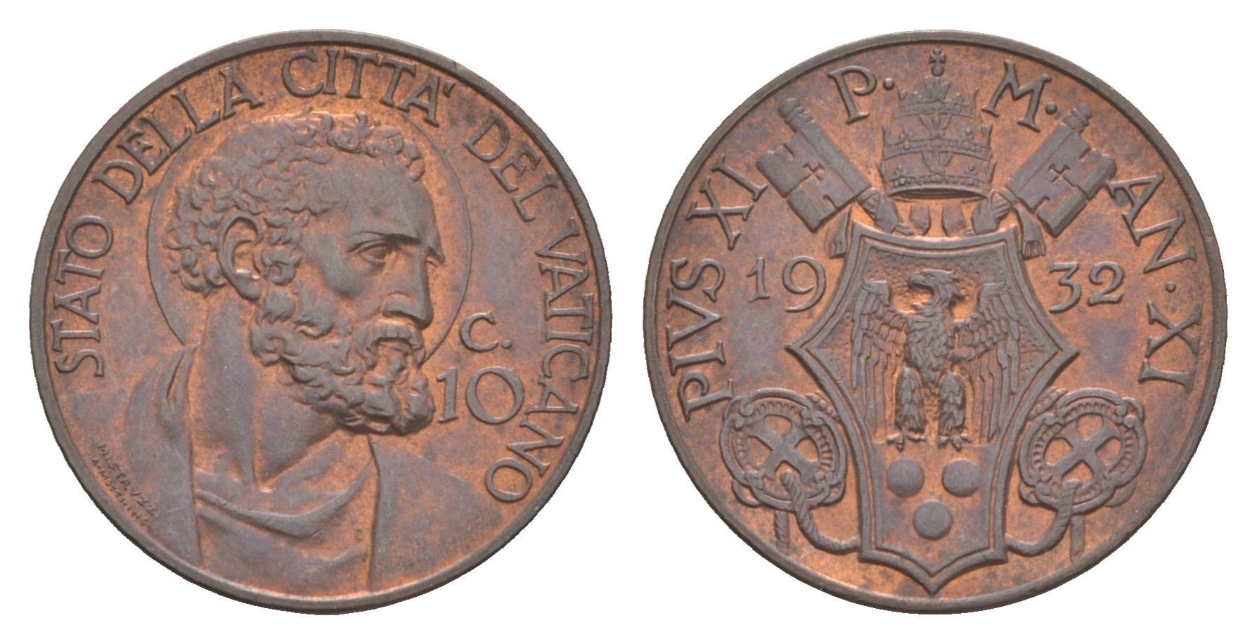 Ватикан 10 чентезимо 1932 Пий XI (1922-1939) KM 2 бронза aUNC 633-432