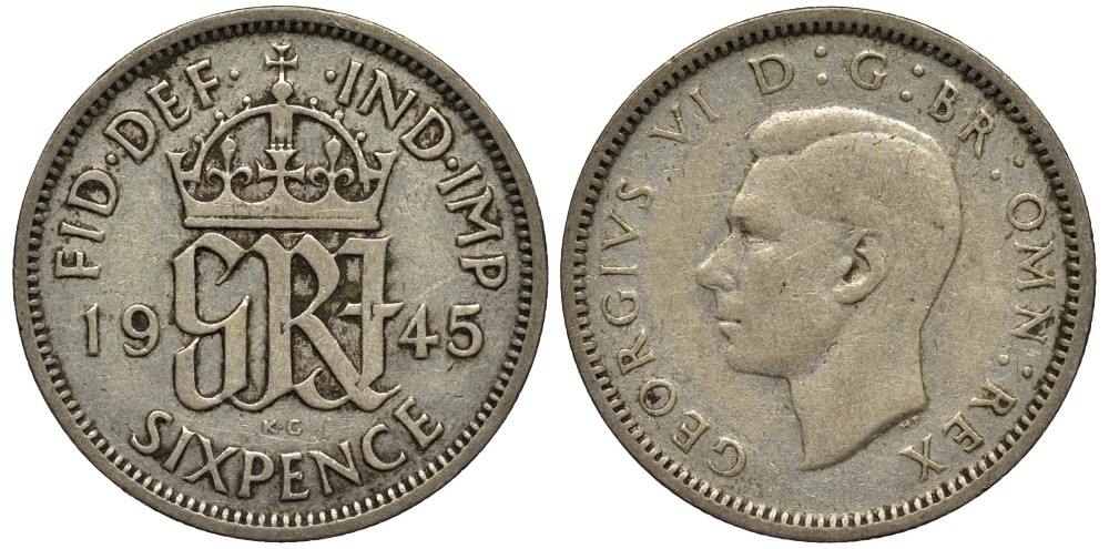 Великобритания 6 пенсов 1945 Георг VI (1936-1952) KM 852, Spink 4084 серебро 4538-555