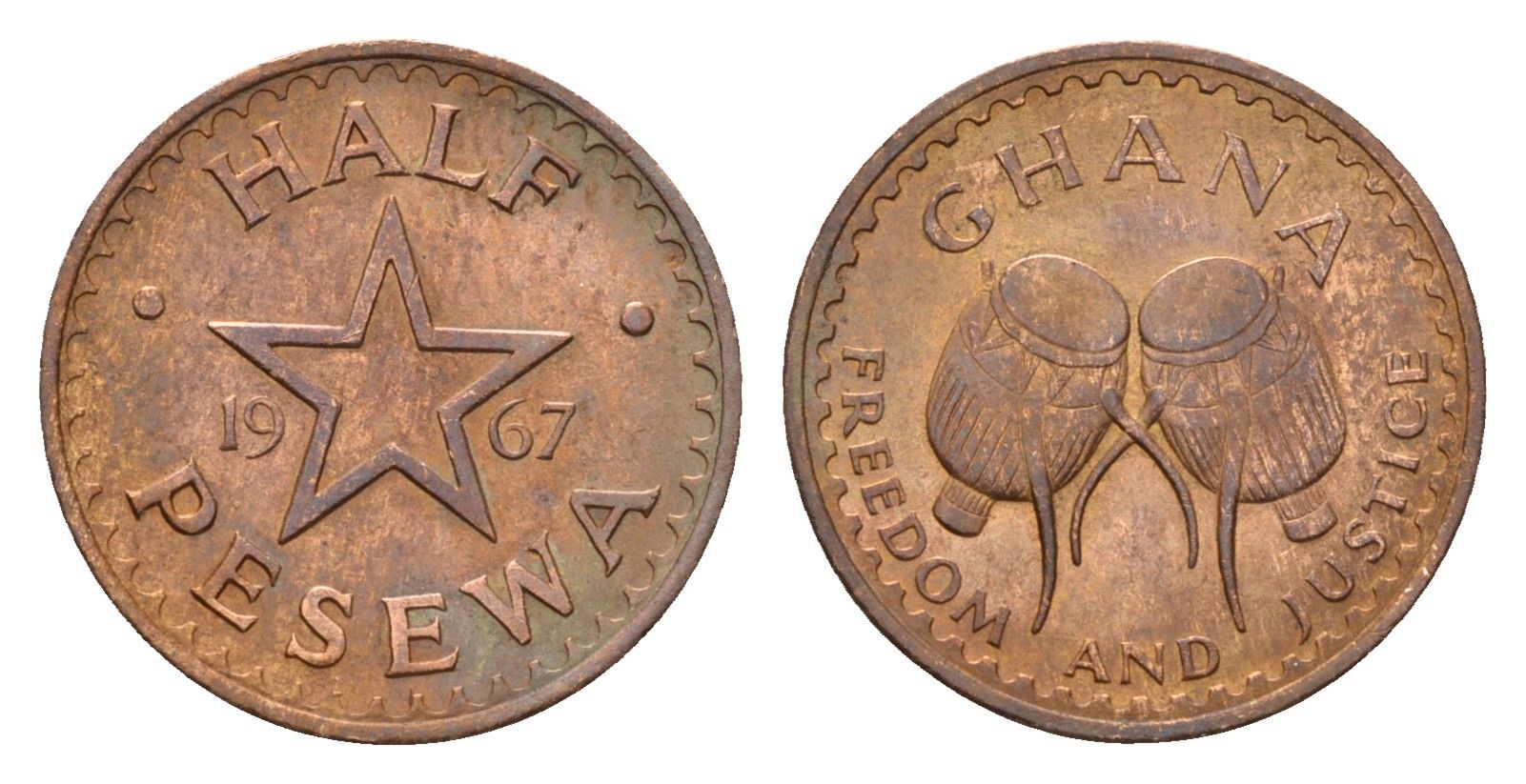 Гана 1/2 пенни 1967 год-тип KM 12 бронза UNC 4649-341