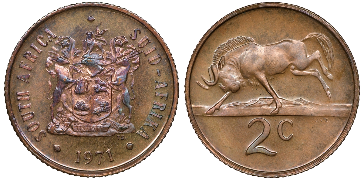 ЮАР 2 цента 1971 герб, антилопа гну KM 83 бронза PROOF 4364-1317