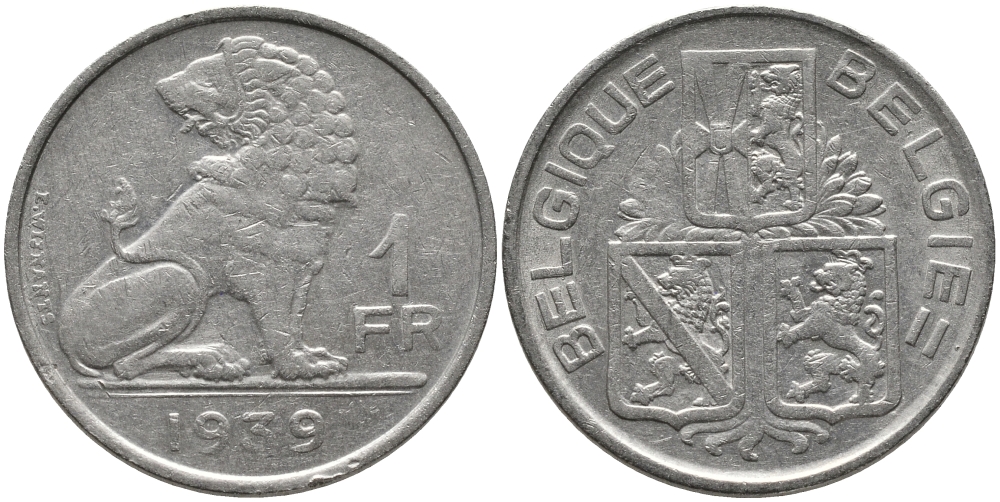Бельгия 1 франк 1939 Леопольд III (1934-1950), Belgique-Belgie, лев KM 119 никель 4384-234