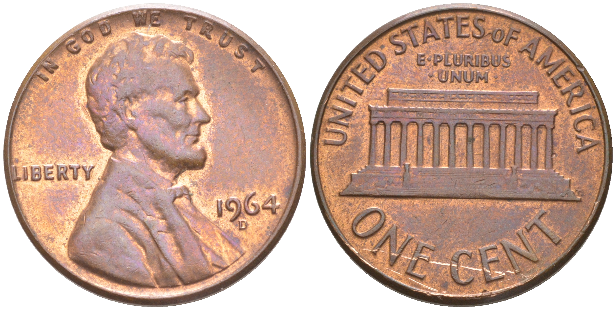 США 1 ЦЕНТ 1964 D, ЛИНКОЛЬН KM 201 медь цинк UNC 187-641