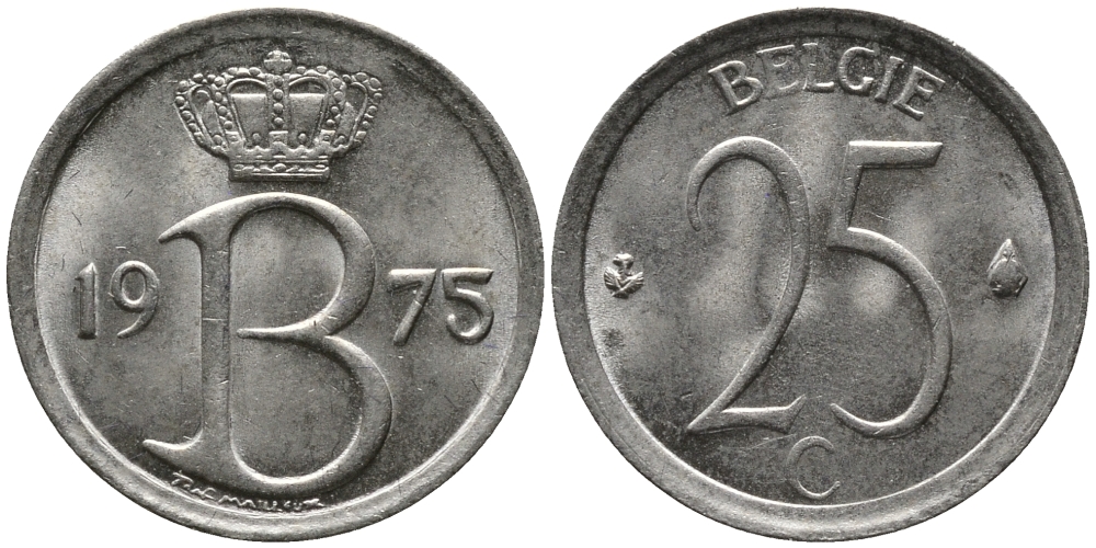 Бельгия 25 сантимов 1975 Belgie, Бодуэн I (1951-1993) KM 154.1 медно-никель 99-363