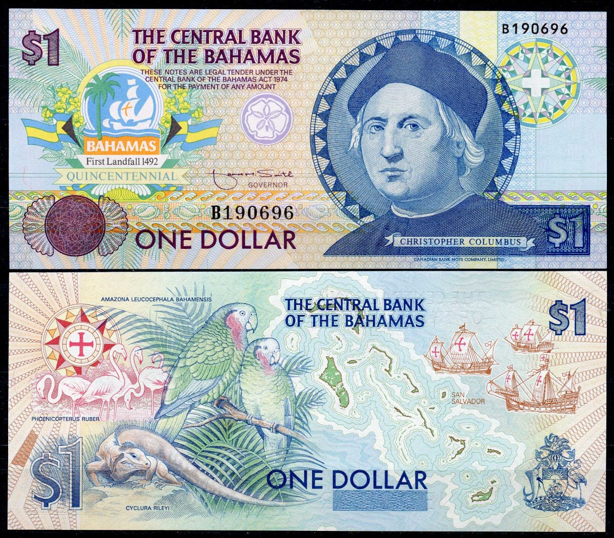 Багамские острова 1 доллар 1974 (1992) 500 лет открытия Америки, Кристофор Колумб Pick 50a бумага UNC (пресс) 451-587-2