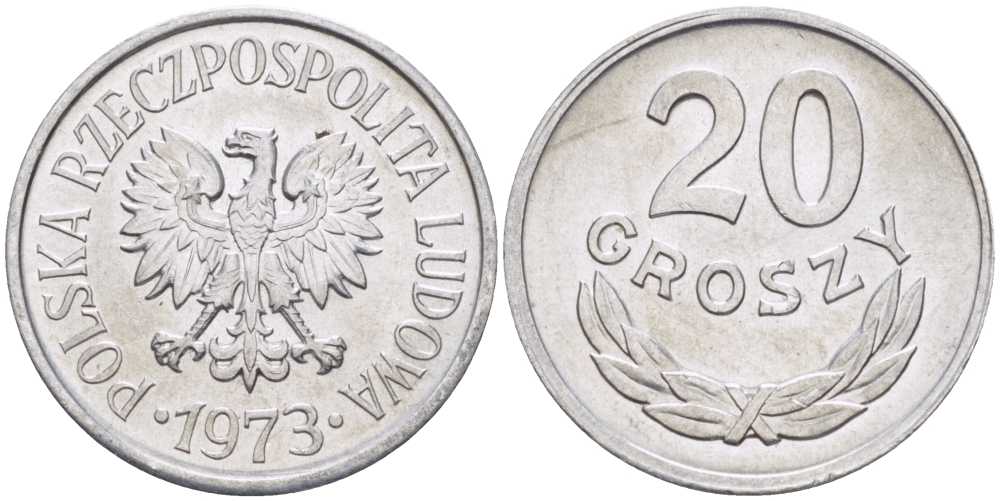 Польша 20 грошей 1973 MW KM А47, Parchimowicz 208m алюминий UNC 201-459