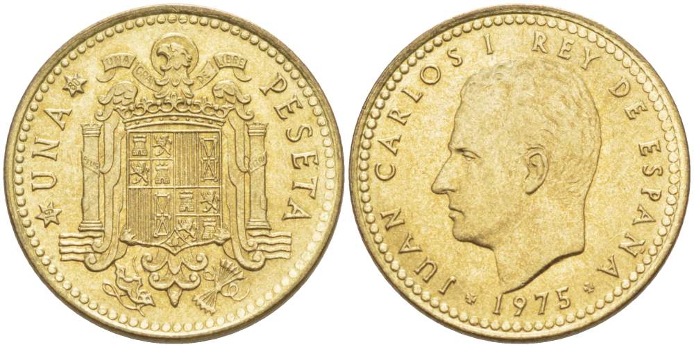 Испания 1 песета 1975 (80) Хуан Карлос I (1975-2014) KM 806 алюминиевая бронза 4523-857