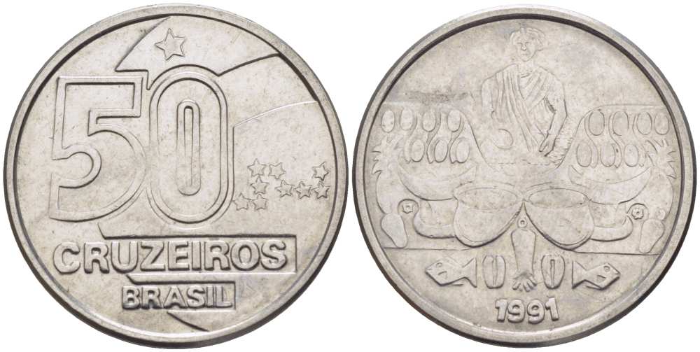 Бразилия 50 крузейро 1991 KM 620.2 нержавеющая сталь 4364-614