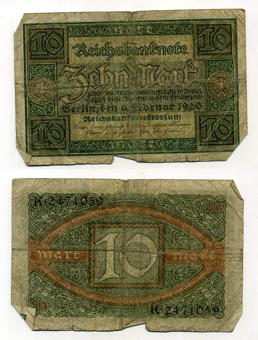 ГЕРМАНИЯ 10 МАРОК 1920 6 ФЕВРАЛЯ 1920, БУКВА D, СЕРИЯ K, СЕМЬ ЦИФР В НОМЕРЕ СЕРИИ Pick 67a, Rosenberg 63а бумага 7146-48-3-2