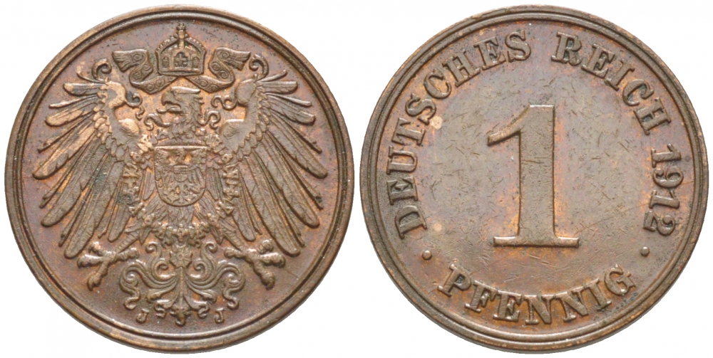ГЕРМАНИЯ 1 ПФЕННИГ 1912 J KM 10, J.10 медь 105-1232