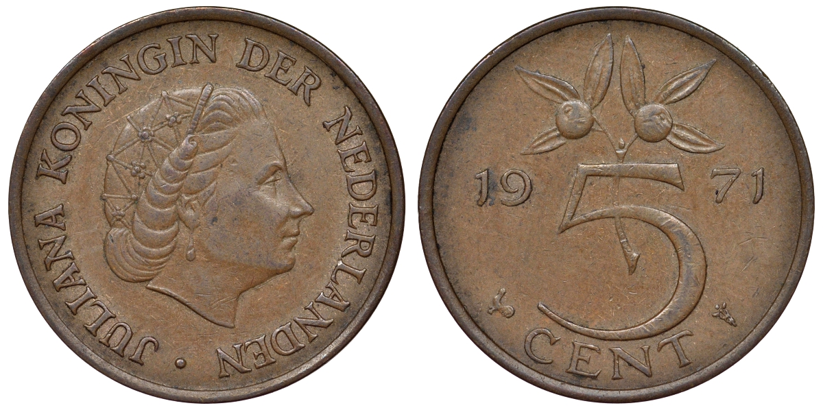 Нидерланды 5 центов 1971 Юлиана KM 181 бронза 71-167